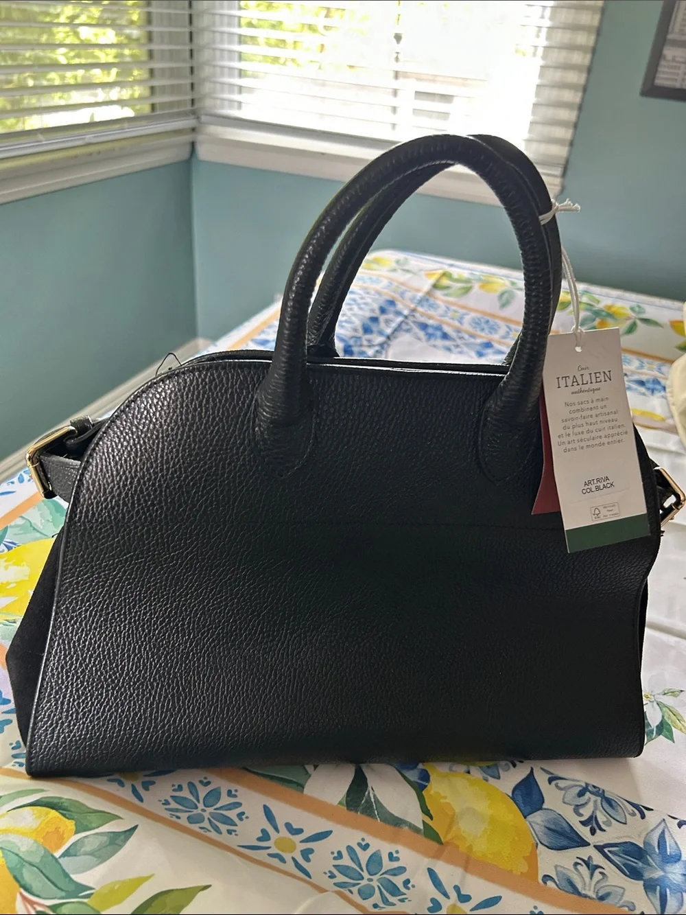 Anna Paola Black Pebbled Italian Leather Satchel with Top Handles 14x11 - Picture 2 of 5